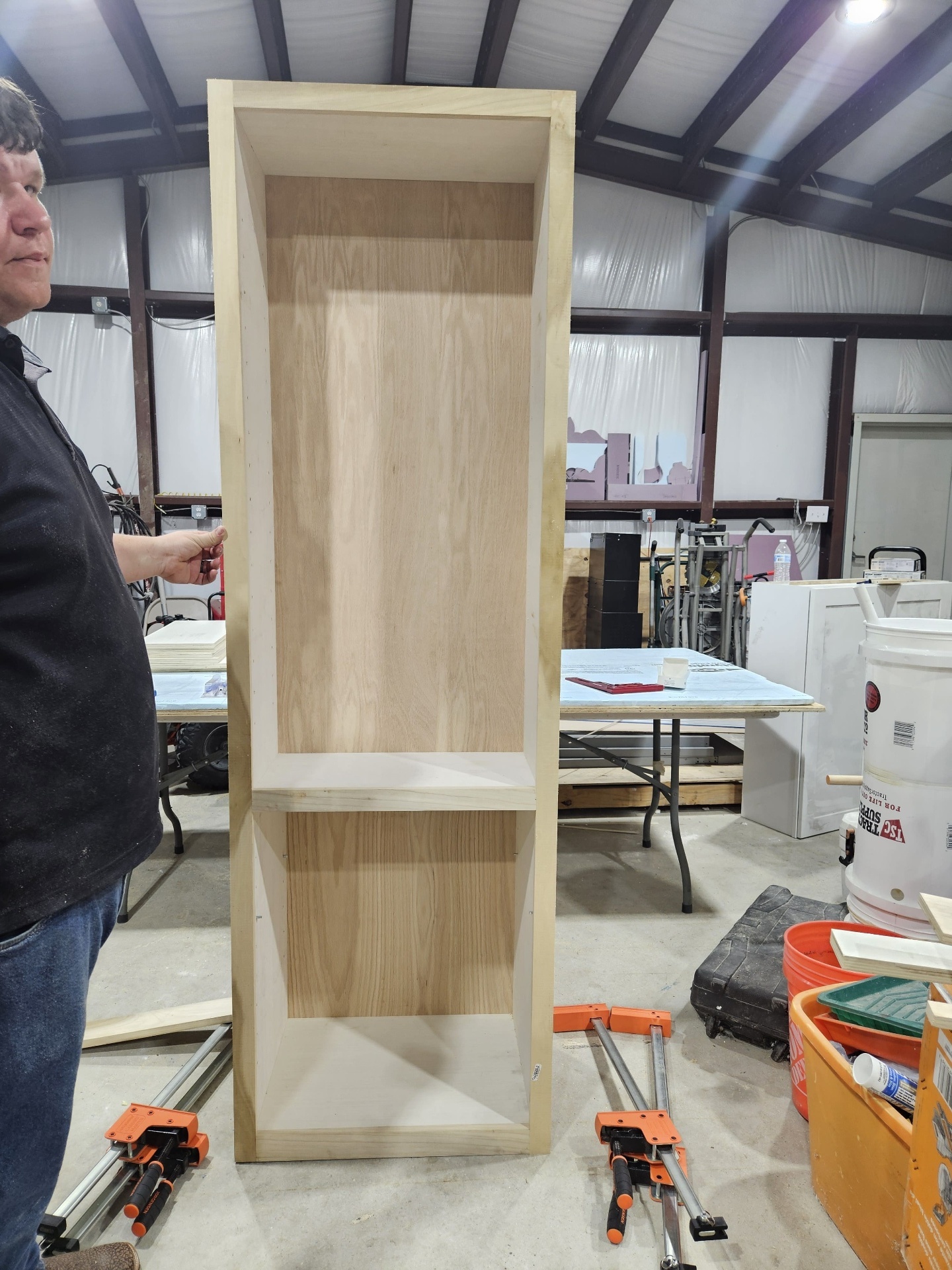 Raw oak bookshelf carcass under construction in the shop