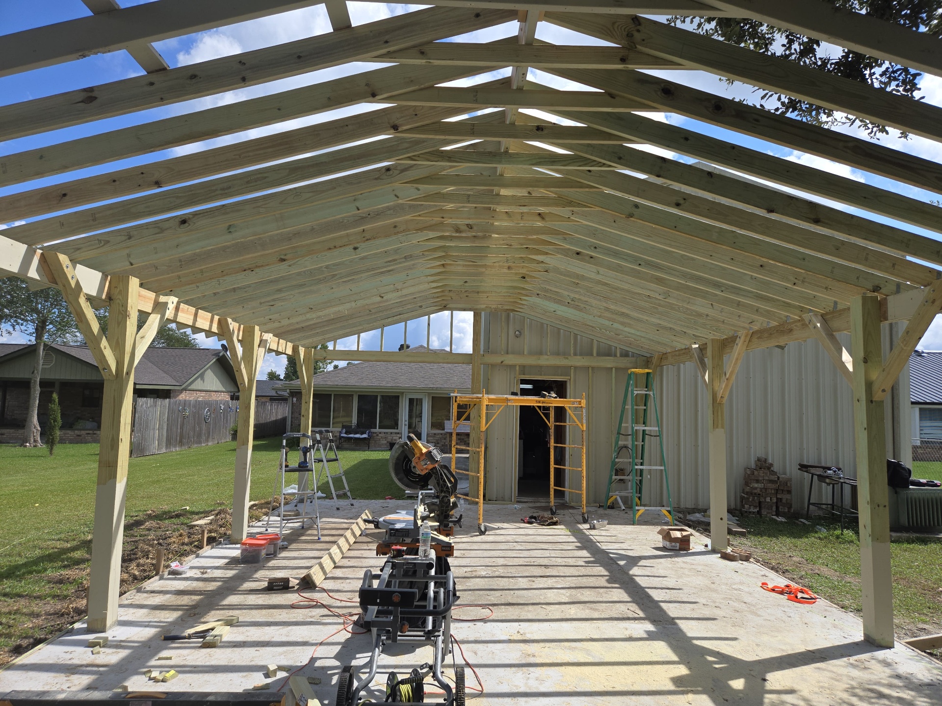 Interior view of completed pavilion rafters and ridge beam
